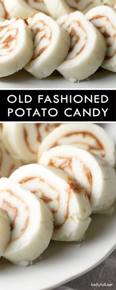 old fashioned potato candy recipe on a white plate with text overlay that reads old fashioned potato candy