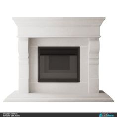 an image of a white fireplace with black trimmings on the front and sides