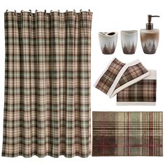 Huntsman Bath Collection Plaid Shower Curtain, Green And Burgundy, Plaid Rug, Bath Collection, Great Blue Heron, Bath Accessories Set, Curtain Rings, Shower Curtain Rings, Blue Heron