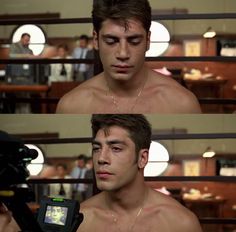 two pictures of a shirtless man holding a video camera in front of his face