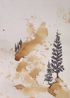 an ink drawing of three trees on a white paper with brown spots and watercolor stains