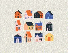 several houses are shown with different colors and shapes on the front, side, and back