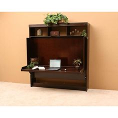 an office desk with a bookcase and potted plants on top, in front of a wall