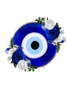 an eyeball with blue and white flowers around it