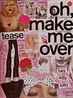 a collage of photos with words and pictures on it, including roses, shoes, hair clips, and other things