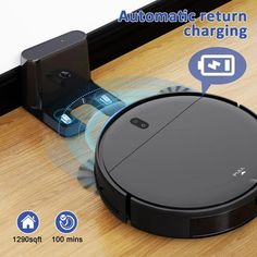 an image of a robotic vacuum on the floor with instructions for charging and showing how to use it