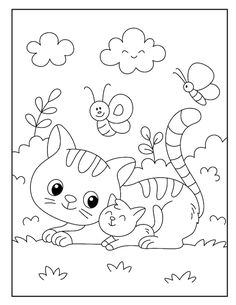 a coloring page with a cat and a bee on the ground in front of it