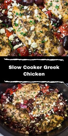 slow cooker greek chicken with tomatoes, olives and feta cheese on top