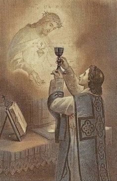 an old drawing of a man holding a chalice