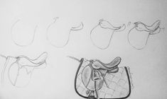 three drawings of horses and saddles on a white paper background, one is drawn in pencil