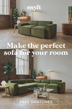 the sofa is sitting in front of a window and has text that reads, make the perfect sofa for your room