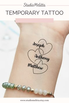 Custom Temporary Tattoo, Hearts With Kids Names (Set of 3) Kid Tattoos For Moms, Family Heart Tattoos, Family Name Tattoos, Heart Tattoos With Names, Name Tattoos For Moms, Puzzle Tattoos, Baby Name Tattoos