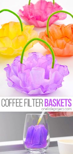 coffee filter flowers in vases with text overlay that says coffee filter basketes