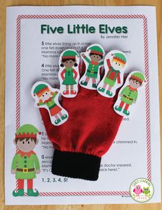 the five little elves hand puppet is shown on a wooden table with instructions to make it