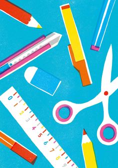 scissors, pencils, and rulers on a blue background