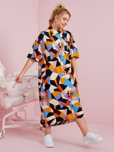 Multicolor Modest  Half Sleeve Polyester Geometric Shirt  Non-Stretch Spring/Summer Plus Size Dresses Plus Size Print Dresses, Size Ten Dresses, Plus Size Fancy, Plus Size Streetware, Plus Size Wirk Wear Dress, Dress For Big Size Woman Casual, Cheap Oversized Dresses For Spring, Summer Dresses For Curvy Women 2022, Plus Size Outfirs