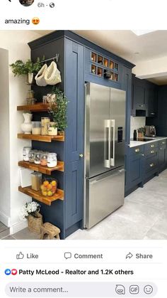 a kitchen with blue cabinets and shelves filled with food