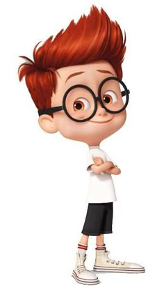 a cartoon boy with red hair and glasses is looking at the camera while standing in front of