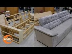 two pictures of different types of couches in a warehouse, one is made from wood and the other is upholstered