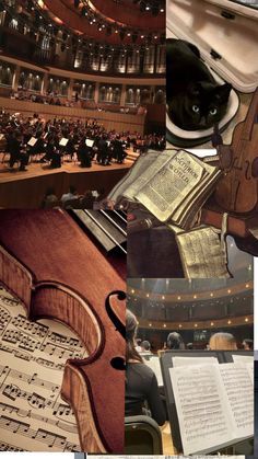 a collage of musical instruments and sheet music