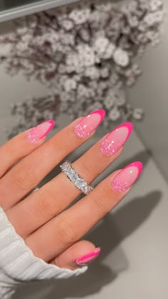 LN Nailed It on Reels | SYML · I Wanted to Leave Hot Pink Rhinestone Acrylic Nails, Classy Valentines Nails Pink, Pink Barbie Nail Ideas, Birthday Nails Acrylic Almond, Girly Birthday Nails, Pink Valentines Day Nails Almond, Pink Tip Nail Designs, Birthday Nail Designs Almond, Nails For Barbie