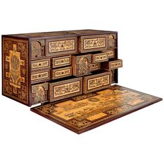 an ornately decorated wooden cabinet with drawers and rugs on the floor, isolated against a white background