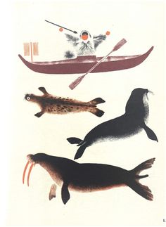 four different types of sea animals are depicted in this illustration, including an oar and seal