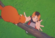 an animated image of two people on a tree branch with their hands in the air