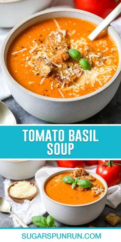 tomato basil soup in a white bowl with parmesan cheese on top