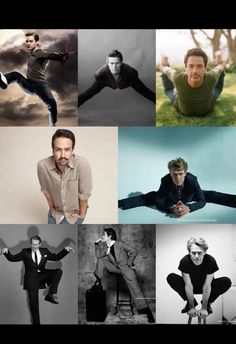 many different pictures of men in suits and ties with one man jumping up into the air