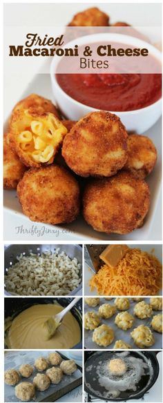 fried macaroni and cheese bites collage with text overlay that reads fried macaroni and cheese bites