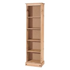 a tall wooden bookcase with three shelves on each side and one shelf above the other