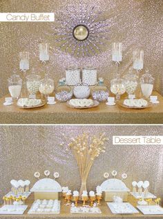 Check out this Look for Less Beach Bride candy buffet and dessert table with sparkly gold sequin and all white candy and custom desserts. Sparkly Backdrop, Wedding Table Display, Candy Buffet Ideas, Buffet Dessert, Candy Buffet Tables, Candy Tables, Candy Bar Wedding, Gold Candy, Bridal Theme