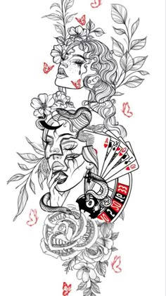 a drawing of a woman with flowers and playing cards in her hand, on a white background