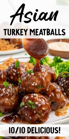 Asian Turkey Meatballs Asian Recipes With Ground Turkey, Asian Glazed Turkey Meatballs, Asian Ground Turkey Recipes, Frozen Turkey Meatball Recipes, Asian Meatballs Healthy, Turkey Meatball Sauce, Turkey Meatball Recipes, Yummy Meatballs, Ground Pork Meatballs