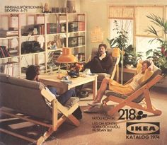 an advertisement for ikea furniture with two people sitting in chairs and one person standing