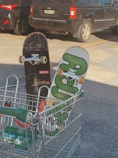 a skateboard is in a shopping cart