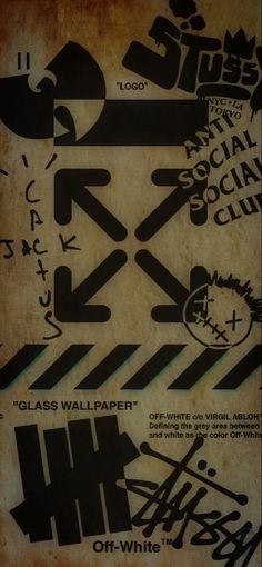 an old poster with black and white graffiti on it's sides, including the words glass wallpaper