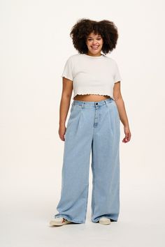 Cole Is Our Wide Leg, High Waist Jeans With A Bit Of Elastic For Comfort. Pure 90's Skater Vibes. Available Here In Light Wash Blue Denim!our Fitfixed Non-Stretch Waistband To Sit On The Waist With Fly Front And Button Closure, Extra Ease With Elasticated Side Panelspleated Front Trouser For A Loose Fit Over The Hipsfull Length Wide Legdeep Side Angled Pockets And Back Patch Pocketsfabric & Care100% Organic Cotton Denim - Made From Gots Certified Organic Cottonmachine Washable Modelled By Nakeis 90's Skater, Wide Leg High Waist Jeans, Wide Leg Denim Jeans, Skater Vibes, Lucy And Yak, Dungarees Shorts, Waist Jeans, Wide Leg Denim, Bottom Clothes