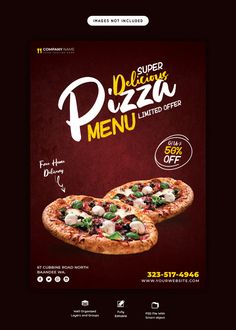 a flyer for a pizza restaurant with two slices of pizza on the front and side