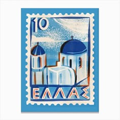 a stamp with an image of two blue domes on the top and bottom of it