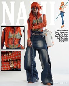 a magazine cover featuring a woman in jeans and an orange top