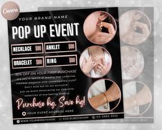 a flyer for a pop up event with images of hands and rings on it's wrist