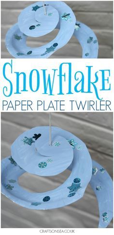 snowflake paper plate twirler is shown in two different pictures with the title