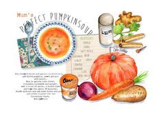 a watercolor painting of pumpkin soup and other food items