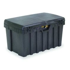 a large black plastic storage box on a white background