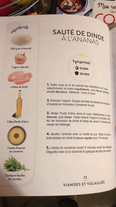 an open book with instructions on how to cook in french and other foreign language words