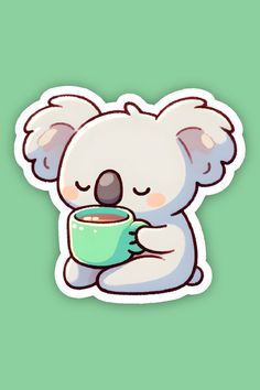 a sticker with a koala bear holding a coffee cup in it's hand