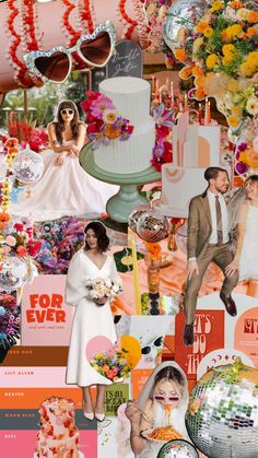 a collage of wedding photos, bride and groom with flowers on the cake table