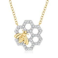 Ross-Simons - .25ct t. w. Diamond Honeycomb Bumblebee Necklace, Gold Over Sterling. 18". With a buzzy bumblebee perched on one side, this .25 ct. t. w. round brilliant-cut diamond honeycomb pendant necklace stylishly depicts a beautiful example of divine harmony in nature. Finely crafted in polished sterling silver and stationed on an 18kt yellow gold over sterling silver cable chain. Springring clasp, diamond honeycomb bumblebee pendant necklace. Diamond birthstones are the perfect gift for Apr Bumblebee Necklace, Harmony In Nature, Pendant Necklace Diamond, Bumble Bee Necklace, Diamond Birthstone, Diamond Jewelry Necklace, Necklace Diamond, Round Brilliant Cut Diamond, Bumble Bee